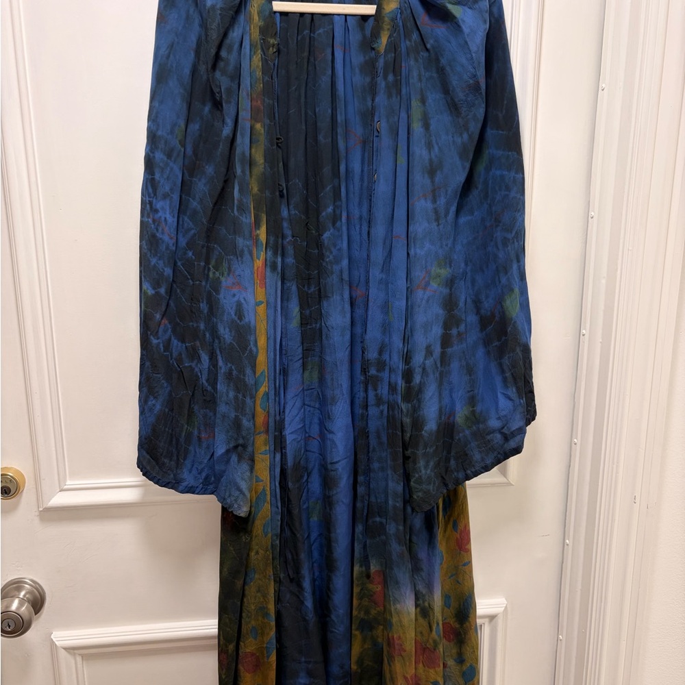 Blue Tie-Dye Boho Maxi Dress with Olive Accents